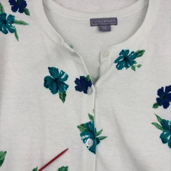 Laura Scott Cardigan Sweater Size M Blue Green Floral Button Up Stretch Knit - Picture 2 of 11